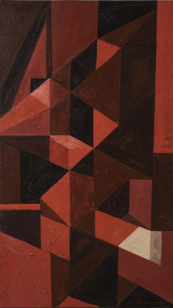 Abstract geometric composition of angular red and dark maroon shapes creating faceted 3D blocks; vertical red iPhone wallpaper.