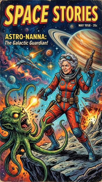 iPhone wallpaper: retro sci‑fi grandmother in a spacesuit, firing a raygun at a tentacled alien on a rocky planet, with blazing planets and spaceships in a colorful cosmic background.