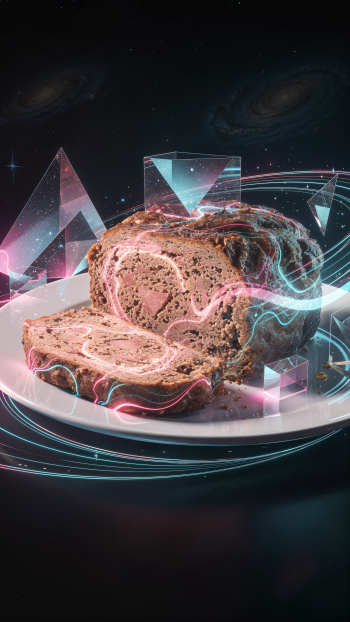 iPhone wallpaper of a sliced meatloaf on a white plate, set in a cosmic scene with neon light trails and translucent geometric shapes.