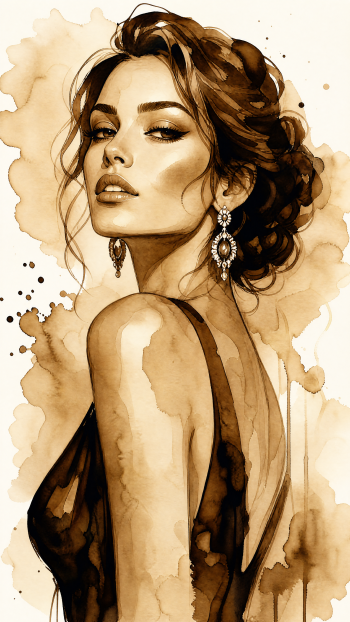 Glamorous sepia watercolor portrait of a woman in an elegant black dress with jeweled earrings and an updo, looking over her shoulder — vertical iPhone wallpaper.