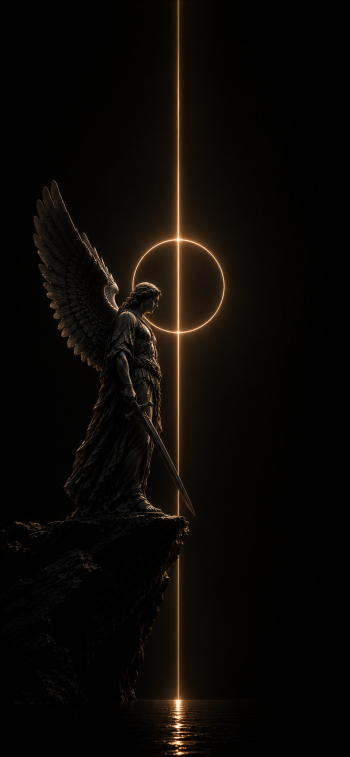 iPhone wallpaper showing a dark, heavenly scene: a divine winged angel with sword stands on a cliff beside a vertical golden beam and a glowing celestial ring.