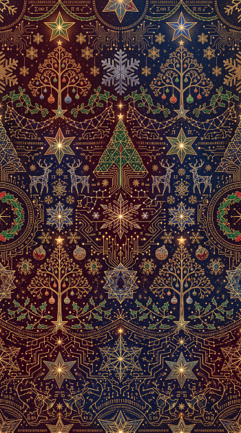 iPhone wallpaper with a festive pattern: gold circuit-style stars, Christmas trees, snowflakes, wreaths, reindeer and holly on a deep gradient background.