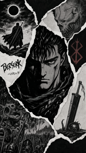 Berserk phone wallpaper: torn black-and-white collage featuring Guts' intense portrait at center, Eclipse silhouette, Brand, monstrous apostles and a massive sword driven into the ground.
