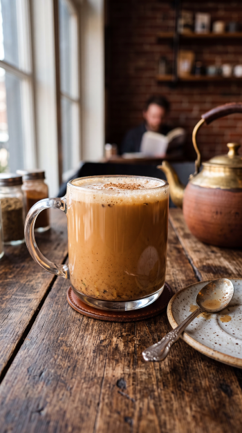 iPhone wallpaper: frothy chai tea in a clear mug on a rustic wooden table, spoon and teapot nearby, blurred café interior with a person reading in the background.