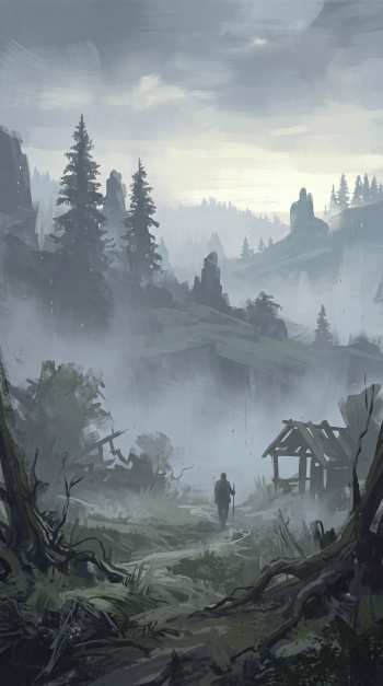 Foggy morning iPhone wallpaper: lone figure walks a mist-shrouded path past ruined huts and pine-covered cliffs under muted gray skies.