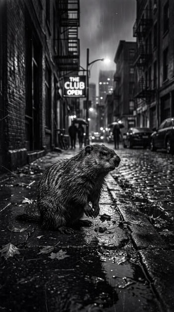 iPhone wallpaper — a rainy noir city alley at night with a neon The Club Open sign; wet cobblestones and a lone groundhog in the foreground, umbrellas and blurred pedestrians beyond.