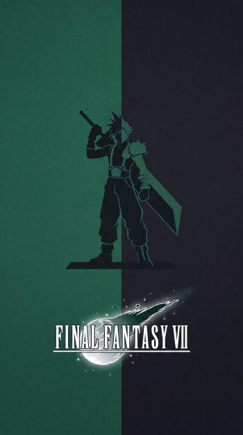 iPhone wallpaper: silhouette of Cloud Strife holding the Buster Sword against a split green and dark background, with the Final Fantasy VII logo at the bottom.