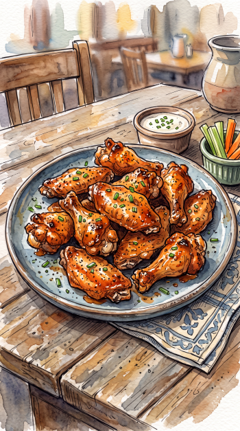 iPhone wallpaper — Chicken Wings: plate of glazed wings on a rustic wooden table, with dipping sauce, carrot and celery sticks, and a cozy café watercolor backdrop.