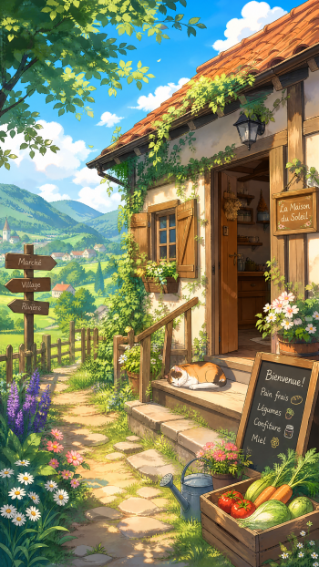 Rustic iPhone wallpaper: sunlit country cottage storefront with flowers, produce crate, a sleeping cat on stone steps and rolling green hills in the background.