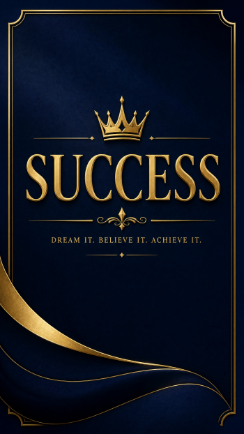 iPhone wallpaper: deep navy background with a gold crown above bold gold SUCCESS text, ornate gold border and flowing ribbons, plus the tagline Dream it. Believe it. Achieve it.