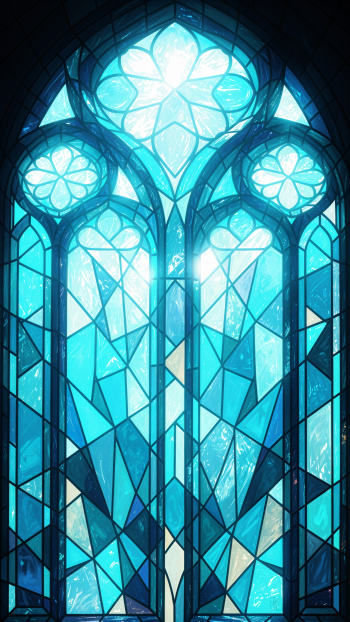 Cyan stained-glass arched window with geometric floral motifs and glowing light, rendered as a vertical iPhone wallpaper