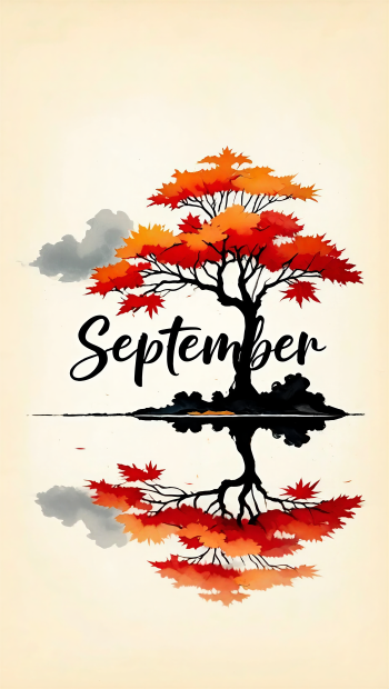 iPhone wallpaper: stylized tree with red-orange autumn leaves and its water reflection, clouds in background, September written in cursive across the center.