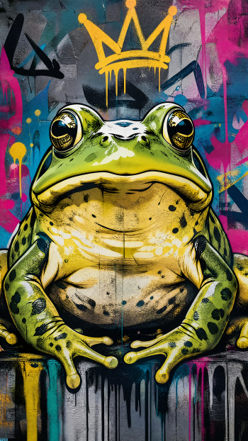 Vibrant graffiti-style bullfrog with a dripping gold crown, bold colors and paint drips — vertical iPhone wallpaper.