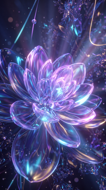 iPhone wallpaper showing an iridescent glass-like lotus bloom glowing in purple, blue and pink against a dark, spark-studded background.