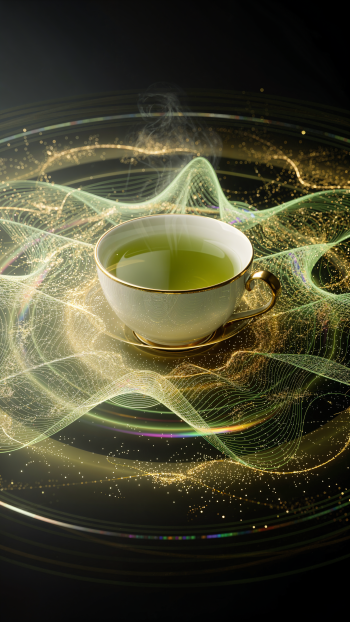 iPhone wallpaper showing a steaming cup of green tea in a porcelain cup amid swirling golden-green light waves and sparkling particles on a dark background.