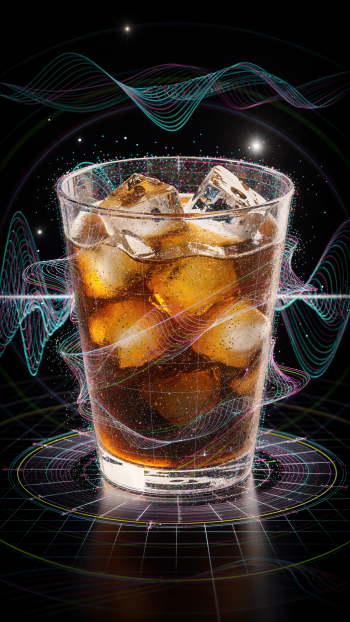 Cold brew with ice in a clear glass, surrounded by neon waveform visuals and a glowing grid background — vertical iPhone wallpaper.