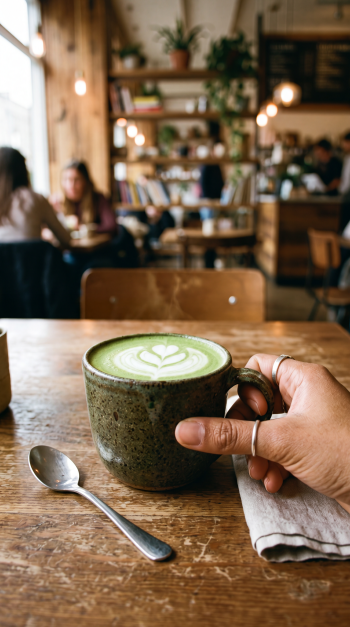 iPhone wallpaper: hand holding a ceramic cup of green tea latte with latte art on a wooden café table; spoon and napkin, blurred cozy café interior in the background.
