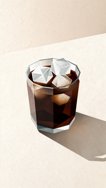 iPhone wallpaper — minimalist illustration of a faceted glass of cold brew with large ice cubes casting a long shadow on a pale surface.
