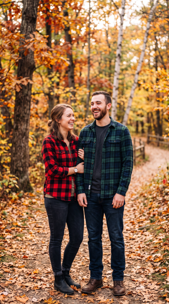 iPhone wallpaper of a smiling couple in red and green flannel shirts walking a leaf-strewn forest path in autumn