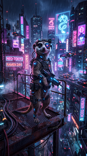 Cyberpunk meerkat in tactical armor with a glowing cybernetic eye and weapon, standing on a rain-soaked rooftop above neon Neo-Tokyo — iPhone wallpaper.