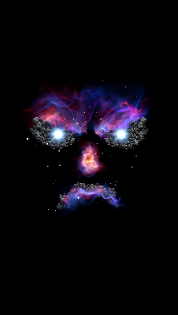 iPhone wallpaper showing a grumpy cosmic face: glowing nebula eyes, rocky brows and a fiery nebula nose and mouth set against a black starfield.