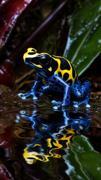 iPhone wallpaper: vivid yellow-and-blue poison dart frog perched at the water's edge, its mirrored reflection and glossy green leaves filling the vertical frame.