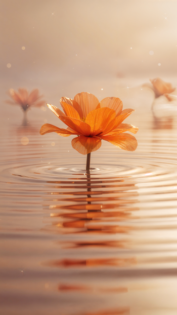 Centered orange flower floating on rippling water, soft golden bokeh and reflection — vertical iPhone wallpaper.