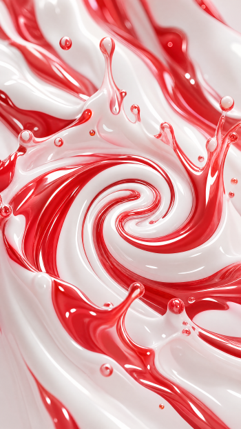 Peppermint iPhone wallpaper: glossy red-and-white candy swirl with creamy texture and splashing droplets.