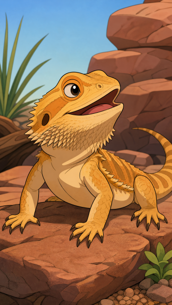 Cartoon bearded dragon perched on sunlit desert rocks with small plants — vibrant iPhone wallpaper in portrait orientation.