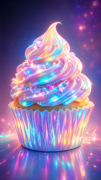 Iridescent holographic cupcake with swirled glitter frosting and metallic wrapper on a glowing, colorful iPhone wallpaper.