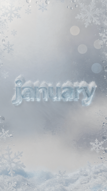 iPhone wallpaper: frosty gray-blue scene with icy January lettering, delicate snowflakes, soft bokeh lights, frosted borders and a snowy drift at the bottom.