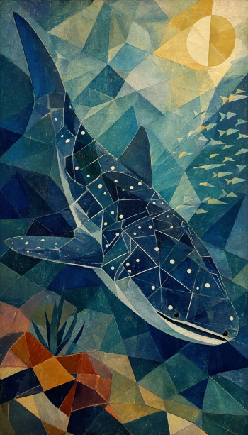 Geometric whale shark in blue-green mosaic with sun and a school of fish — vertical iPhone wallpaper illustration.