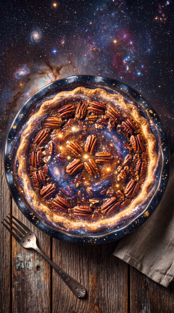 Vertical iPhone wallpaper: pecan pie on a wooden table, pecans arranged in a star pattern with a cosmic galaxy and sparkling stars overlay; fork and linen napkin beside it.