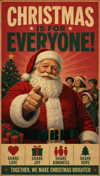 iPhone wallpaper showing vintage Santa pointing amid Christmas decorations — tree, gifts and carolers — bold headline CHRISTMAS IS FOR EVERYONE! with festive icons.