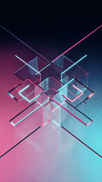 Clean iPhone wallpaper: transparent glass cubes and intersecting neon cyan and magenta bars on a dark gradient background.