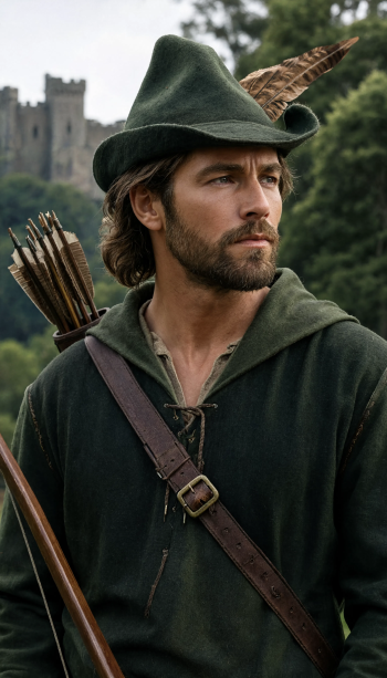iPhone wallpaper of Robin Hood — bearded archer in a green hood and feathered cap, bow and quiver, castle and forest blurred in the background.