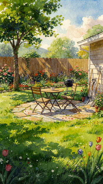 Backyard iPhone wallpaper: sunlit watercolor garden with a round table and two chairs on a stone patio, blooming flowers, a tree, shed and grill beneath a blue sky.
