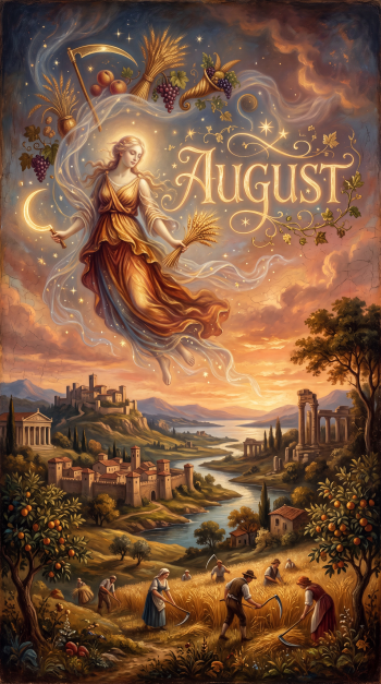 Phone wallpaper: golden harvest goddess floats above a sunlit August landscape—reapers in wheat fields, vineyards, classical ruins and a winding river at sunset.
