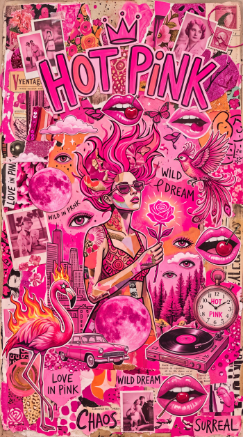 Vibrant hot pink iPhone wallpaper collage labeled HOT PINK — retro photos, flamingo, lips, vinyl turntable, city skyline, moon, rose, and a sunglasses-wearing woman with flowing hair.