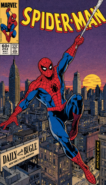 iPhone wallpaper showing Spider-Man swinging on a web over a comic-book New York skyline at sunset, the Daily Bugle sign and skyscrapers below.