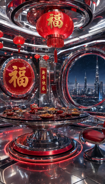 iPhone wallpaper: futuristic metallic interior decked for Chinese New Year — red lanterns and 福 symbols above a banquet table, with a city skyline framed by a circular window.