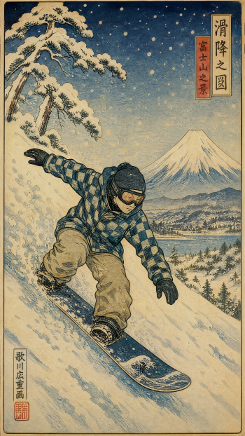 Vertical iPhone wallpaper: snowboarding in a woodblock-print style shows a rider carving down a snowy slope with Mount Fuji and falling snow.