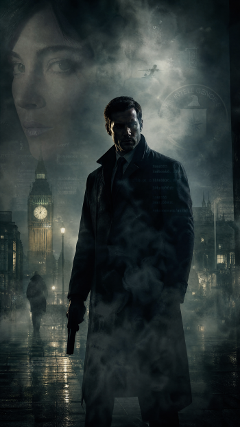 iPhone wallpaper: shadowy secret agent in a trench coat with a pistol in foggy London night, Big Ben and a ghostly woman's face looming above.