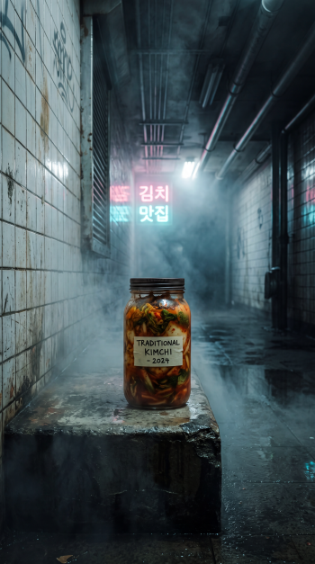 iPhone wallpaper: jar labeled Traditional Kimchi 2024 on a wet concrete block in a foggy, neon-lit urban alley with glowing Korean signs