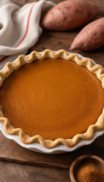 iPhone wallpaper: golden sweet potato pie with a fluted crust on a wooden board, whole sweet potatoes and a small bowl of spice nearby.