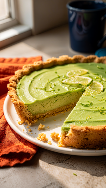 iPhone wallpaper of a sliced key lime pie: bright green filling with lime slices, crumbly graham crust on a white plate, crumbs and an orange napkin near a blurred mug.