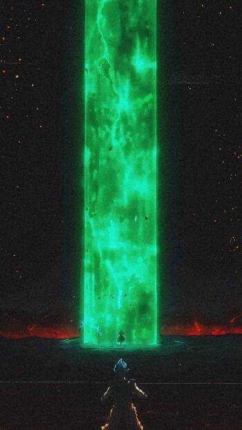 Anime iPhone wallpaper (Dragon Ball): Goku stands in the foreground facing a towering green energy column with Broly silhouetted inside, starry sky and a red horizon below.