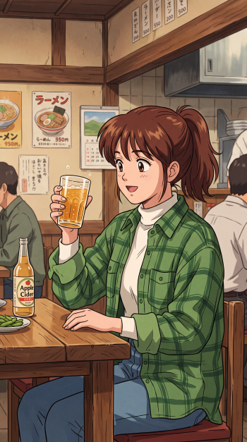 Anime-style iPhone wallpaper of a smiling woman in green plaid enjoying a glass of apple cider at a cozy ramen bar.