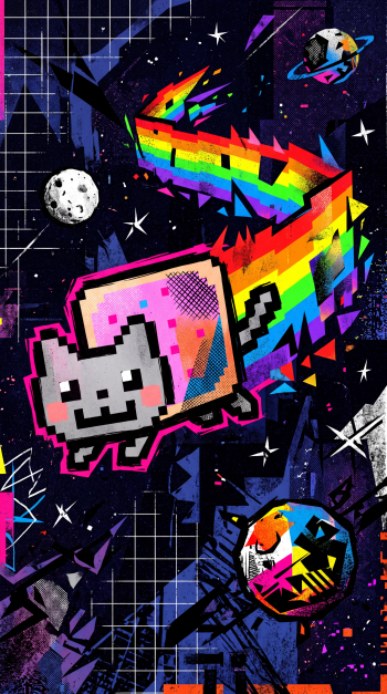 Vertical iPhone wallpaper of Nyan Cat: pixel cat with a pink Pop‑Tart body streaking through space, leaving a jagged rainbow trail over a neon, grid-patterned cosmic background with planets.