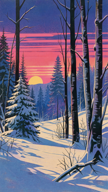 iPhone wallpaper showing a snowy winter forest with birch trunks and evergreen pines, a pink-purple sunset and low sun casting long shadows across snow-covered hills.